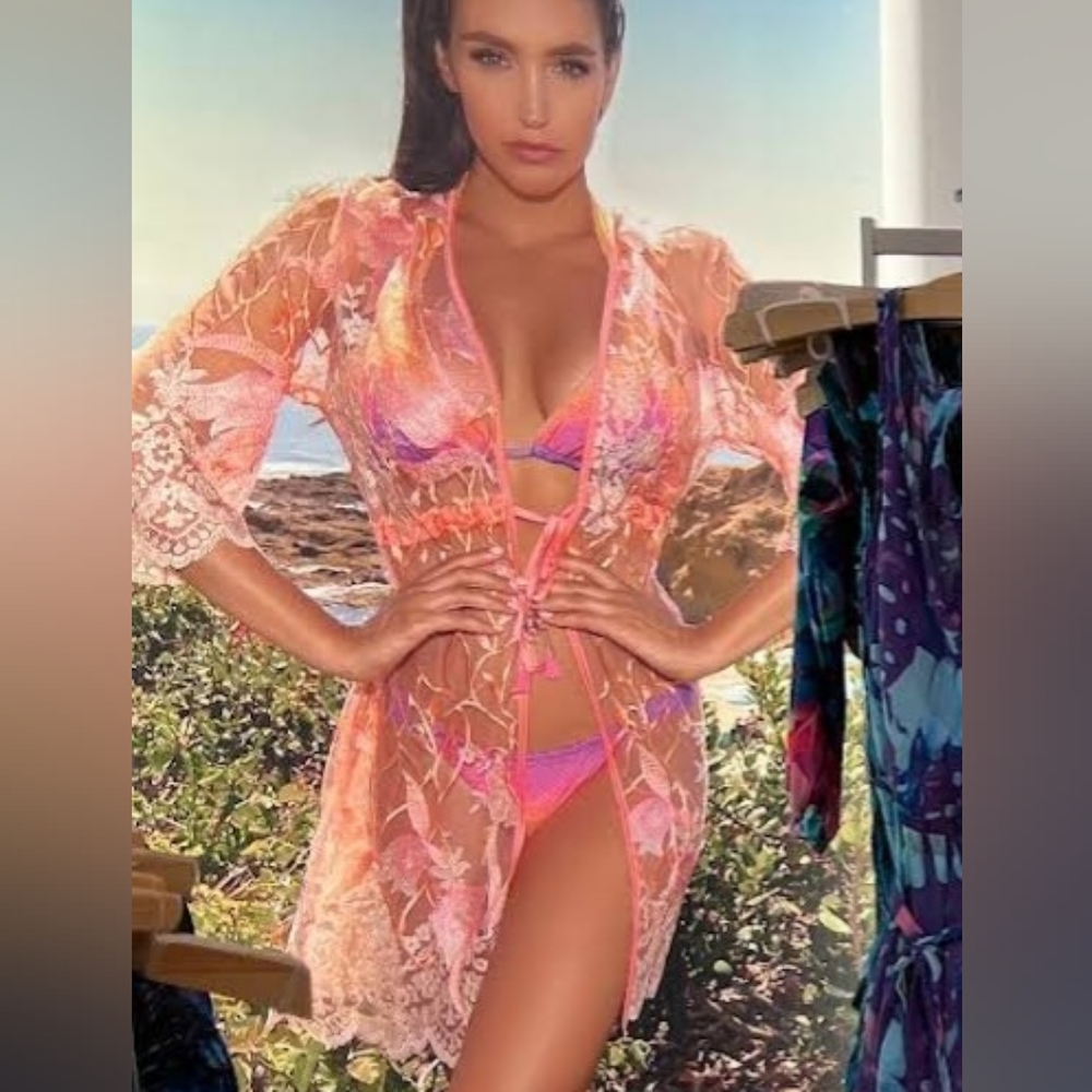 Dolcessa Sheer Floral Lace Swim Coverup - Pink/Peach